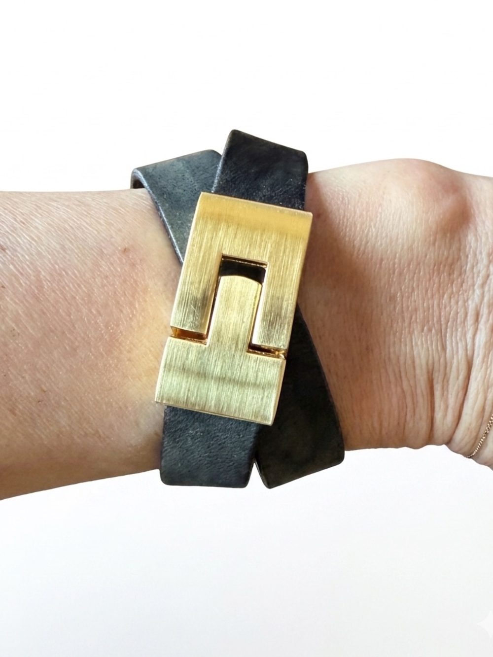 Leighelena Double Jigsaw Black Leather Wrap Bracelet